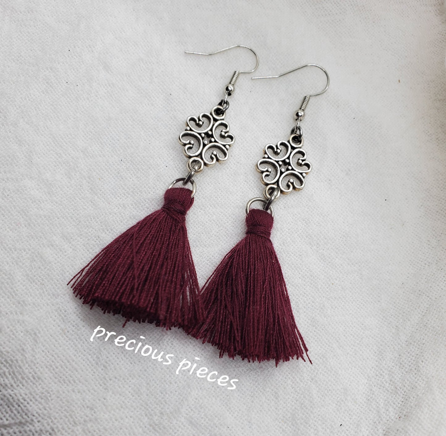 Vintage Antique Silver Flower and Burgundy Tassel Earrings