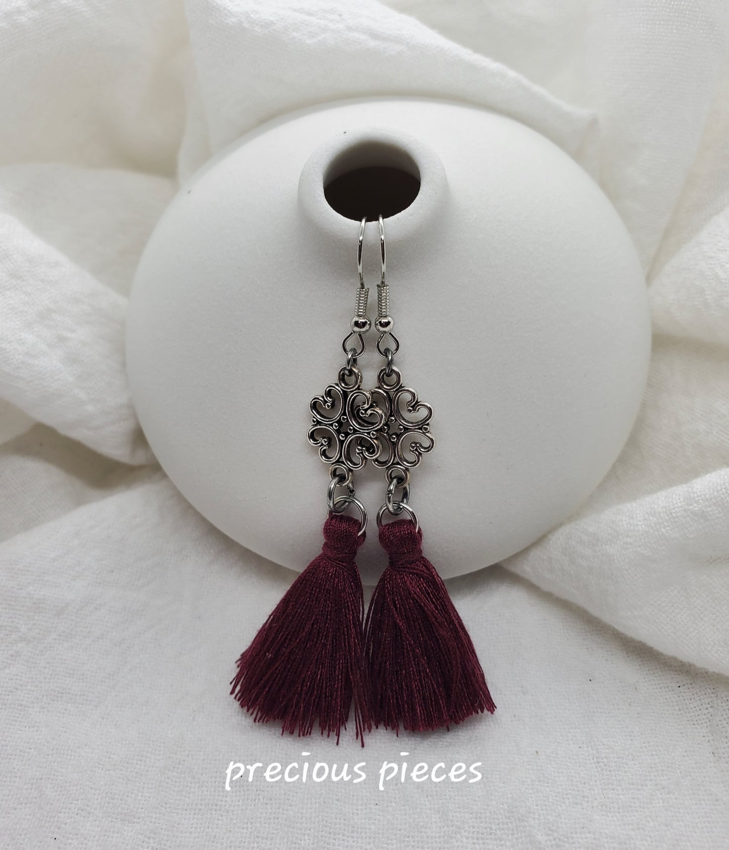 Vintage Antique Silver Flower and Burgundy Tassel Earrings