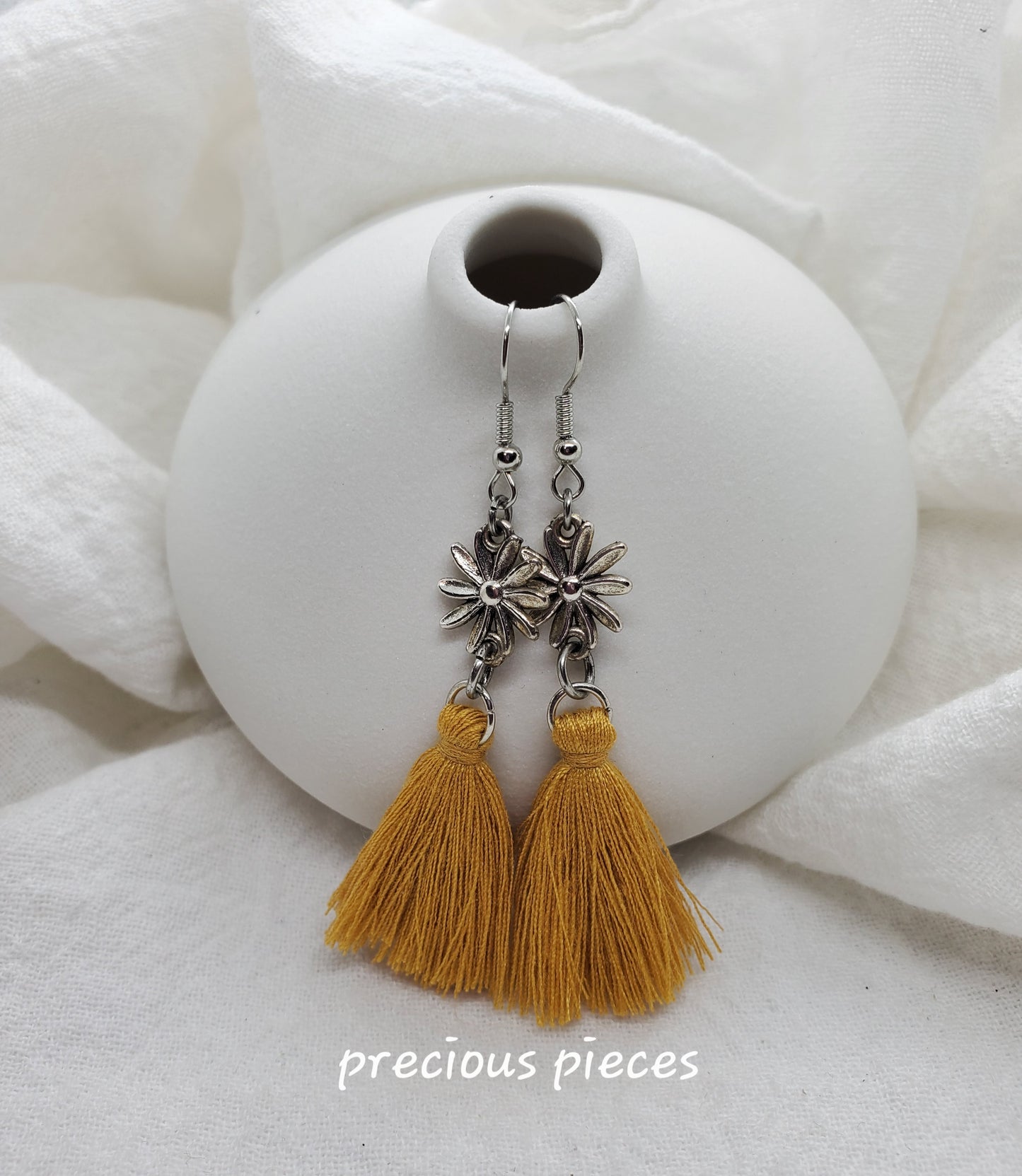 Vintage Antique Silver Flower and Mustard Color Tassel Earrings