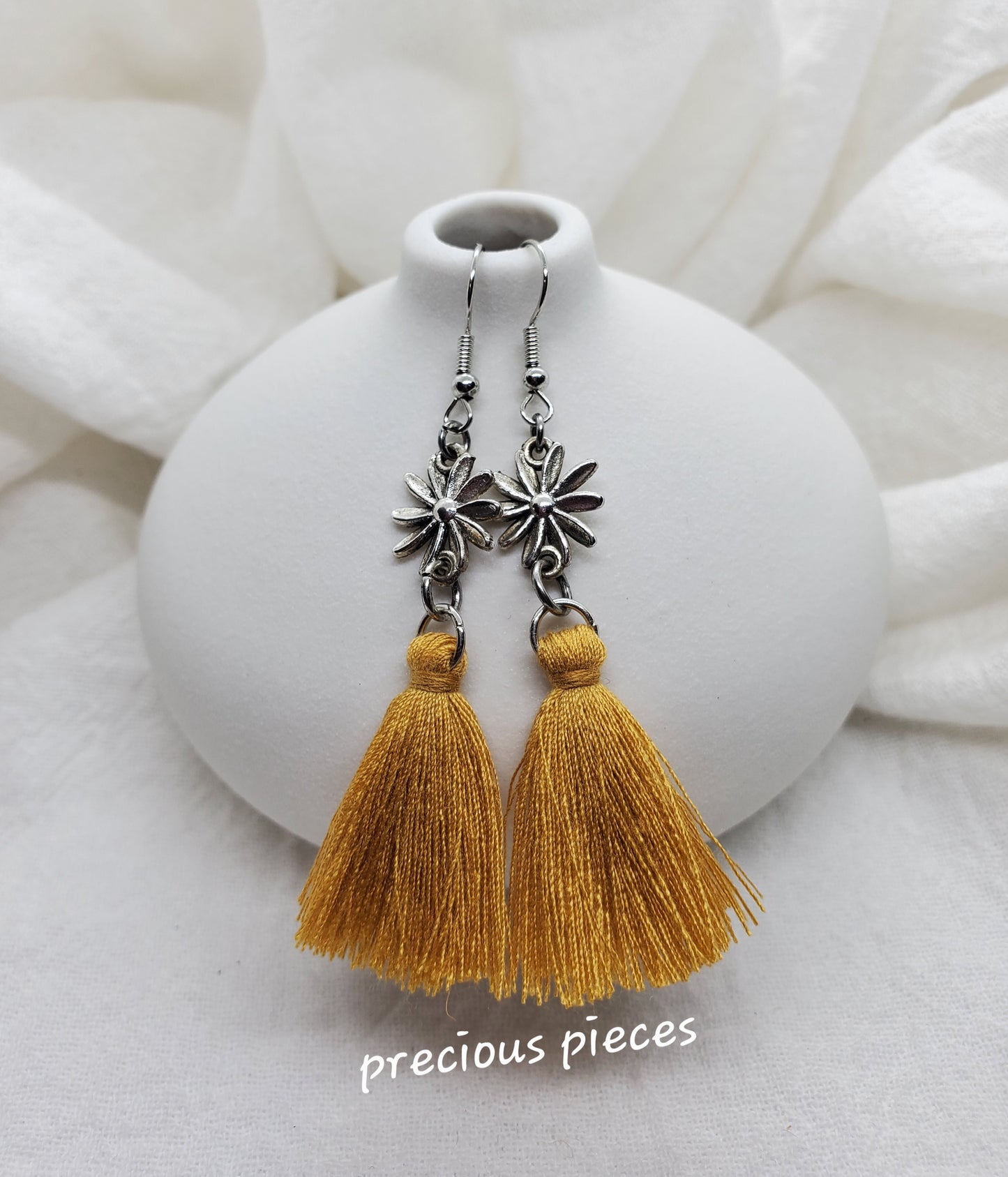 Vintage Antique Silver Flower and Mustard Color Tassel Earrings