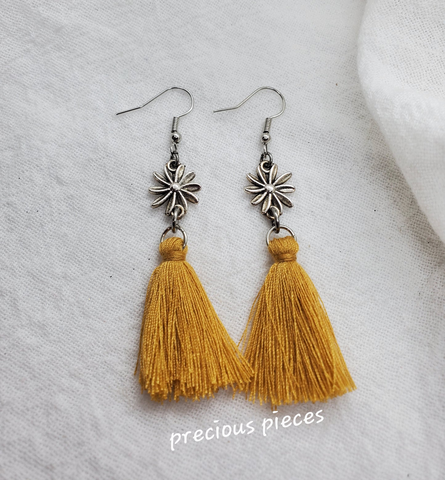 Vintage Antique Silver Flower and Mustard Color Tassel Earrings