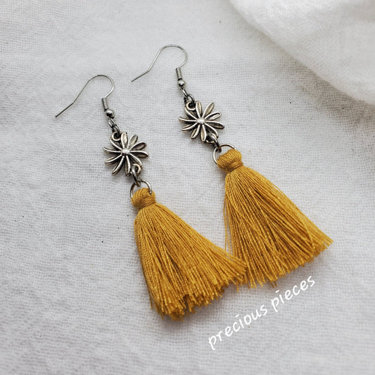 Vintage Antique Silver Flower and Mustard Color Tassel Earrings
