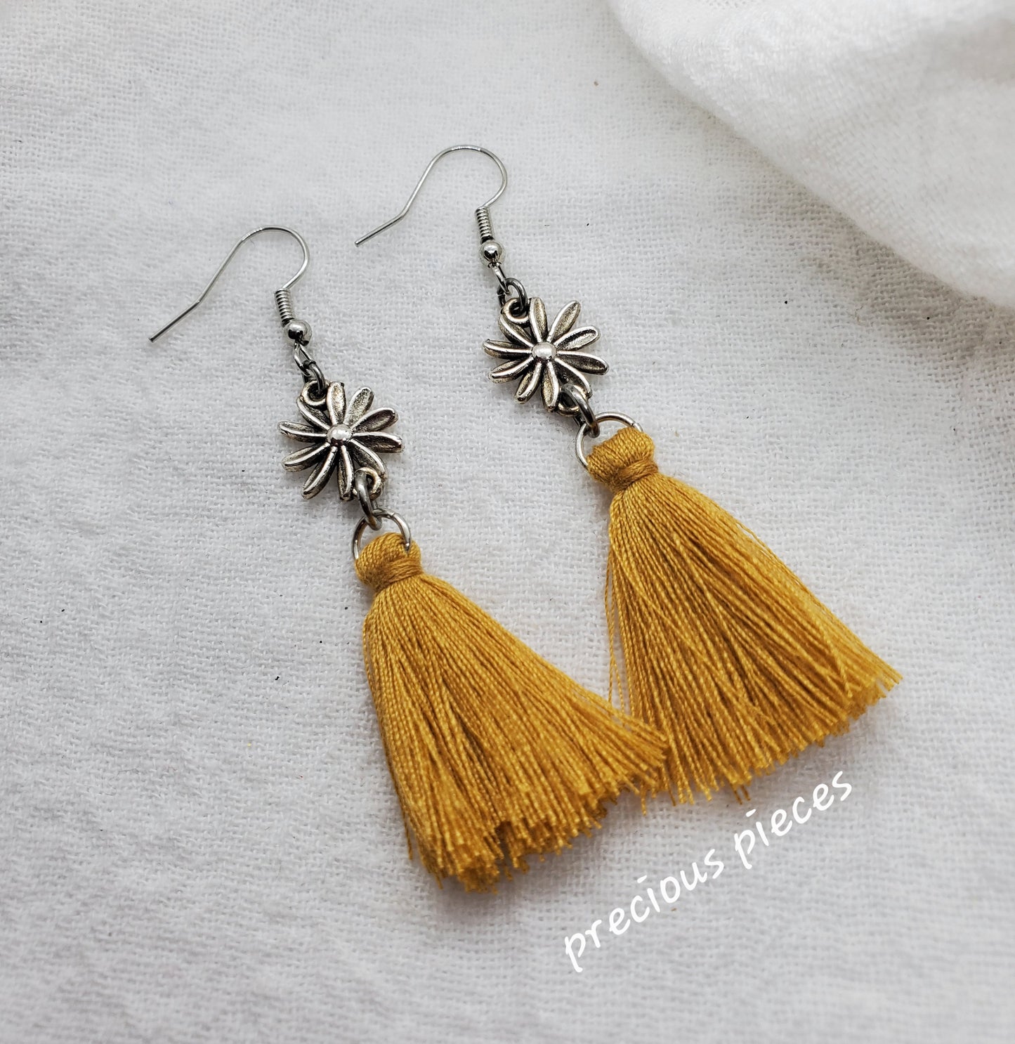 Vintage Antique Silver Flower and Mustard Color Tassel Earrings