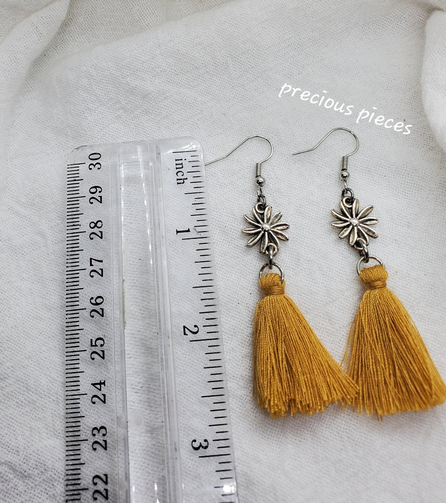 Vintage Antique Silver Flower and Mustard Color Tassel Earrings