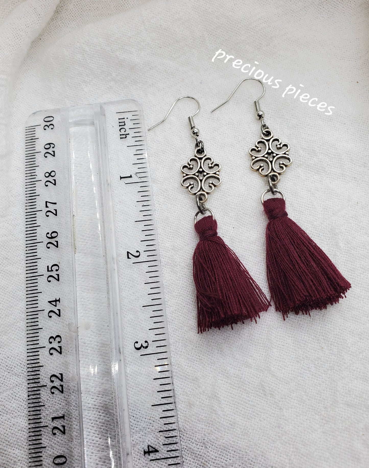 Vintage Antique Silver Flower and Burgundy Tassel Earrings