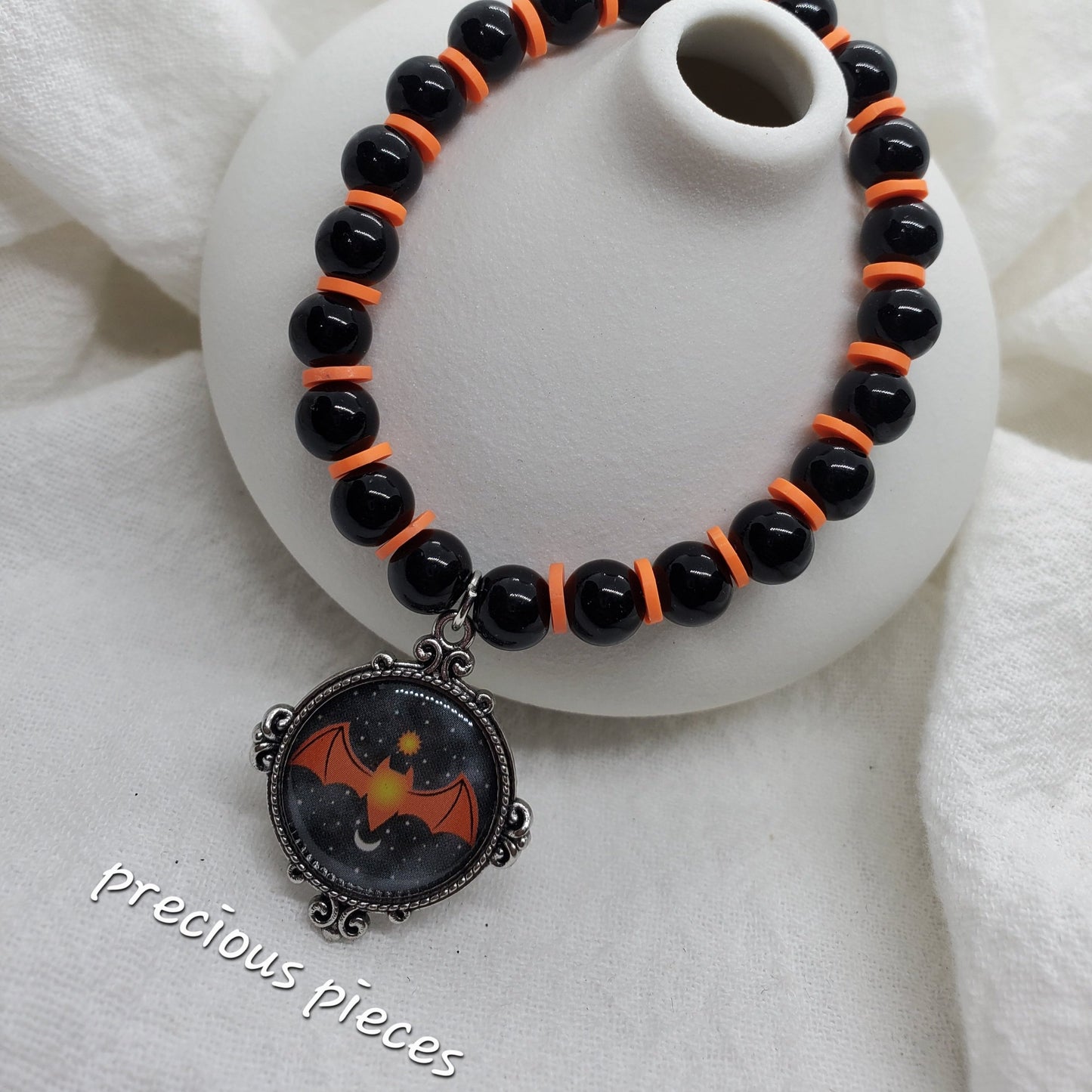 Black and Orange Bat Halloween Bracelet