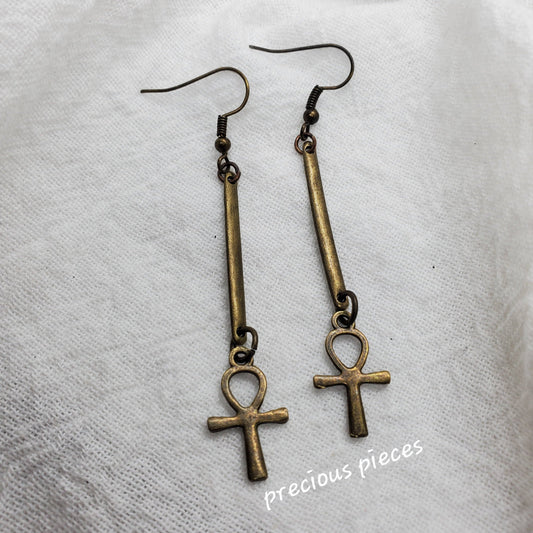 Antique Bronze Dangle Ankh Earrings