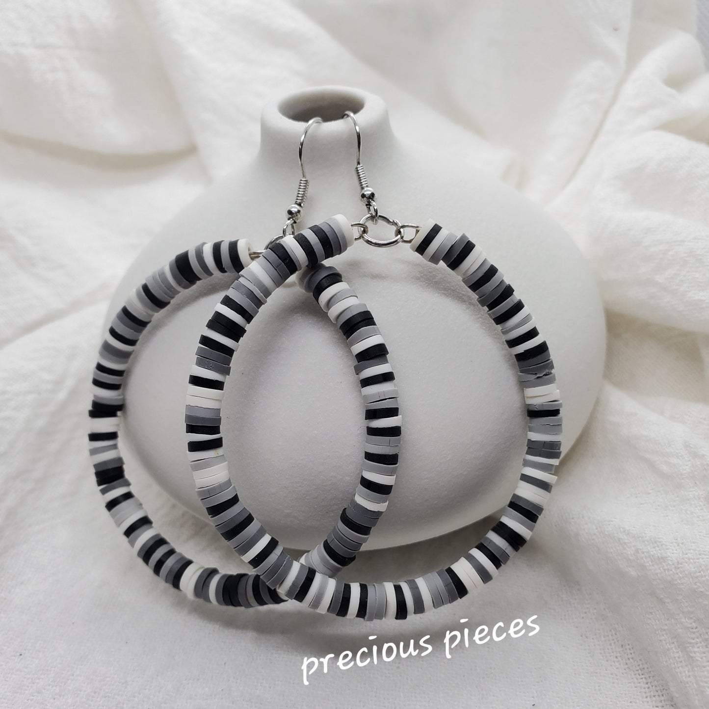 Black, Gray and White Heishi Disc Hoop Earrings