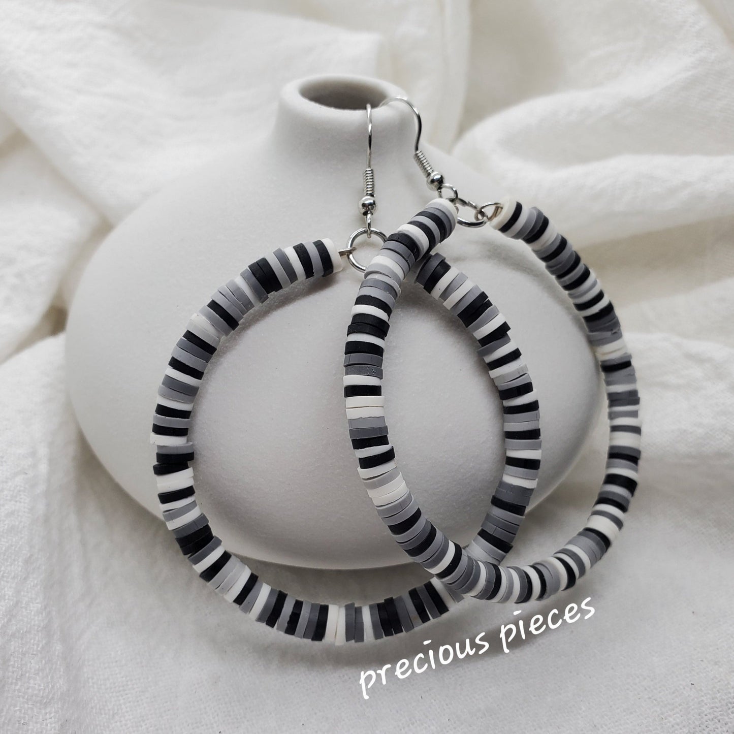 Black, Gray and White Heishi Disc Hoop Earrings