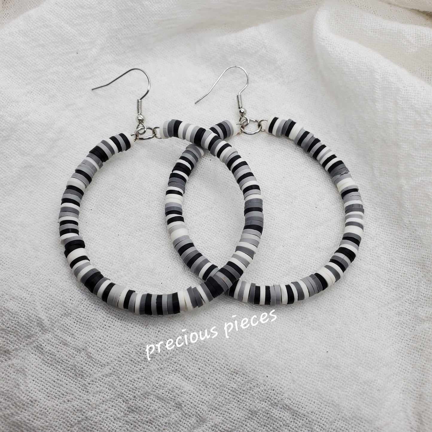 Black, Gray and White Heishi Disc Hoop Earrings