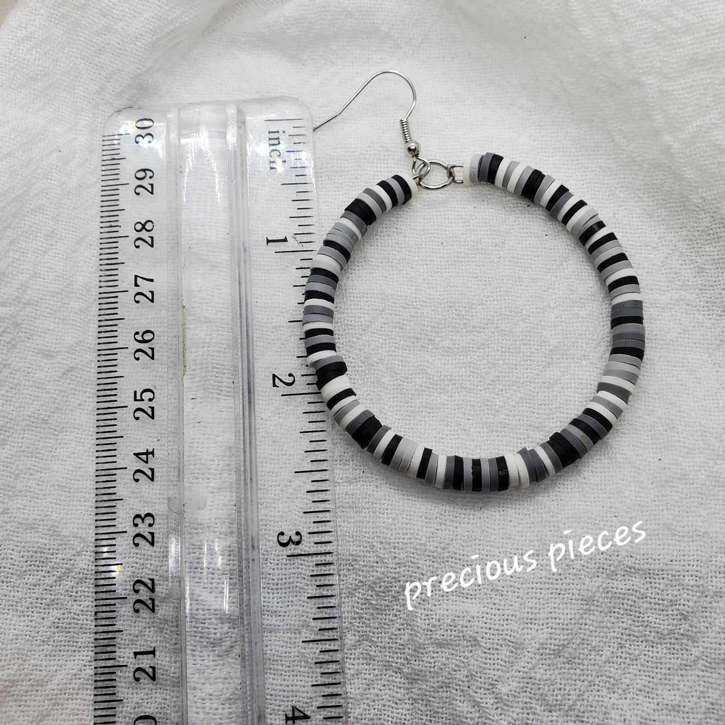 Black, Gray and White Heishi Disc Hoop Earrings