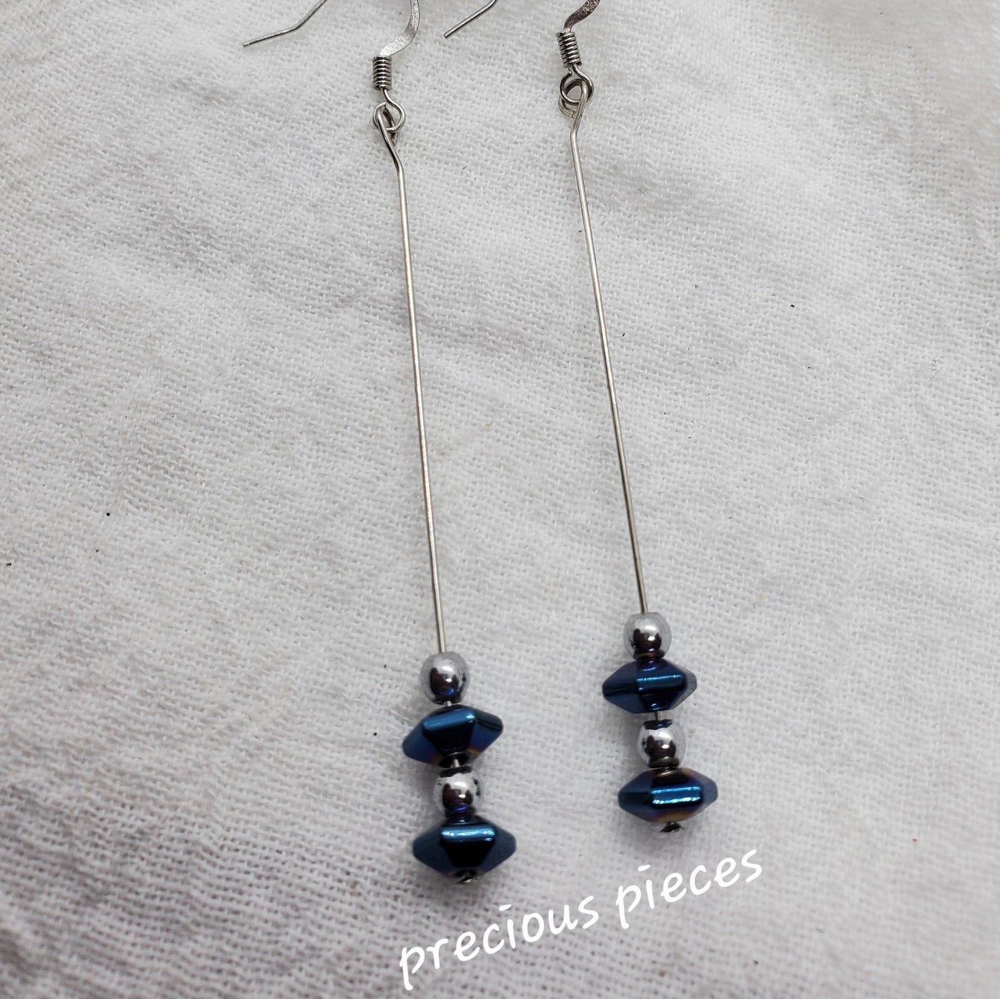 Blue and Silver Hematite Dangle Earrings