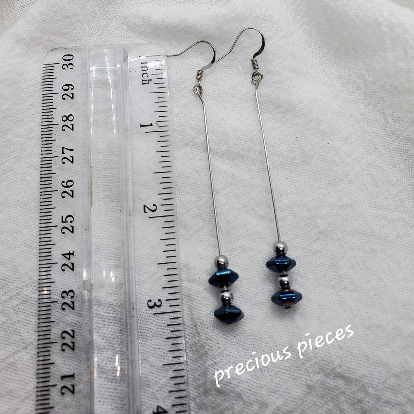 Blue and Silver Hematite Dangle Earrings