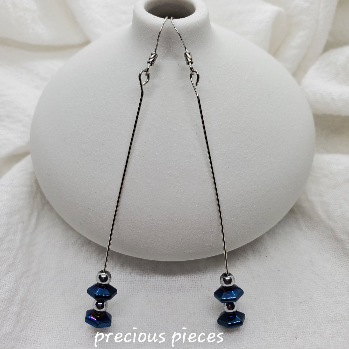 Blue and Silver Hematite Dangle Earrings