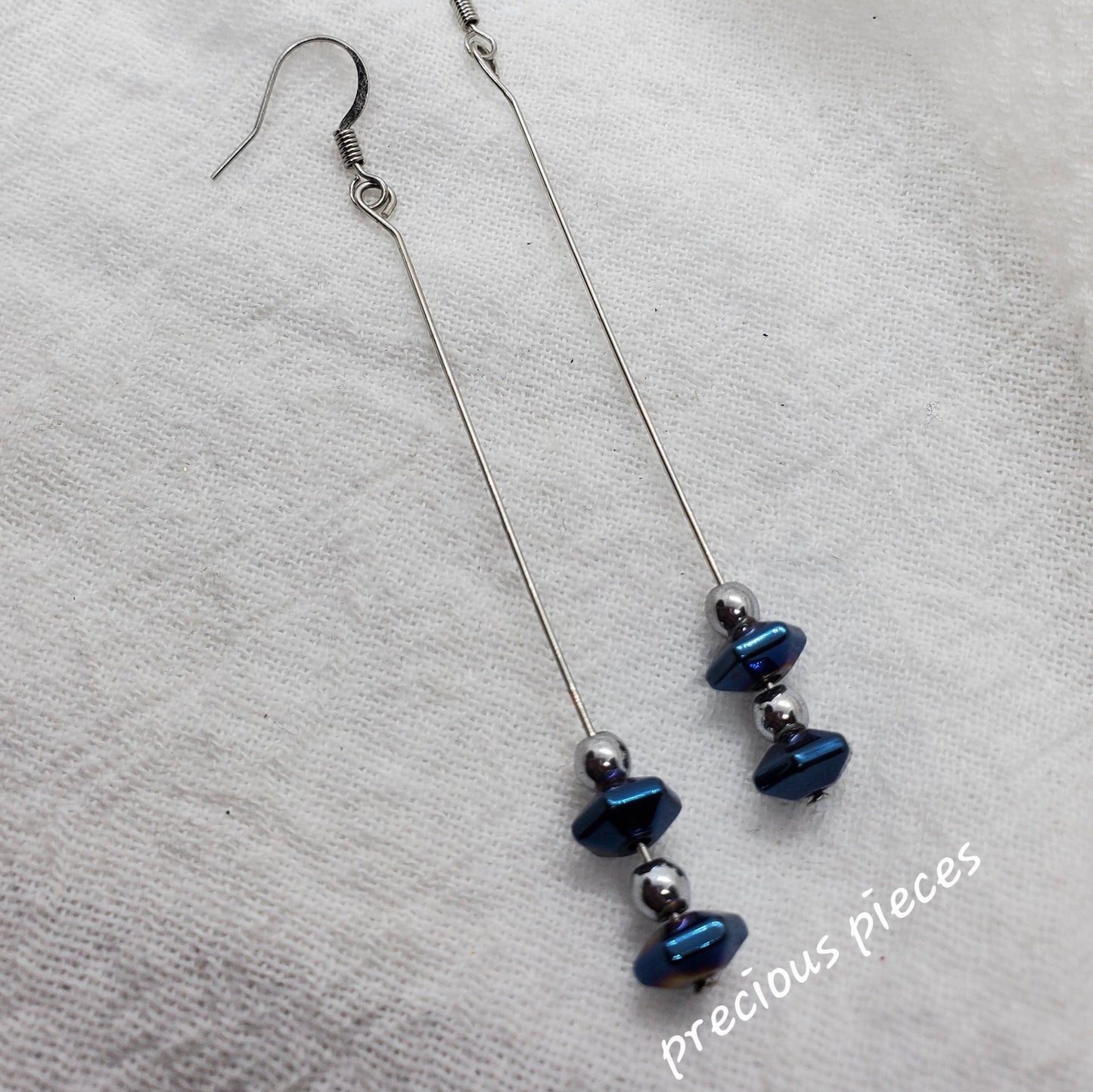 Blue and Silver Hematite Dangle Earrings