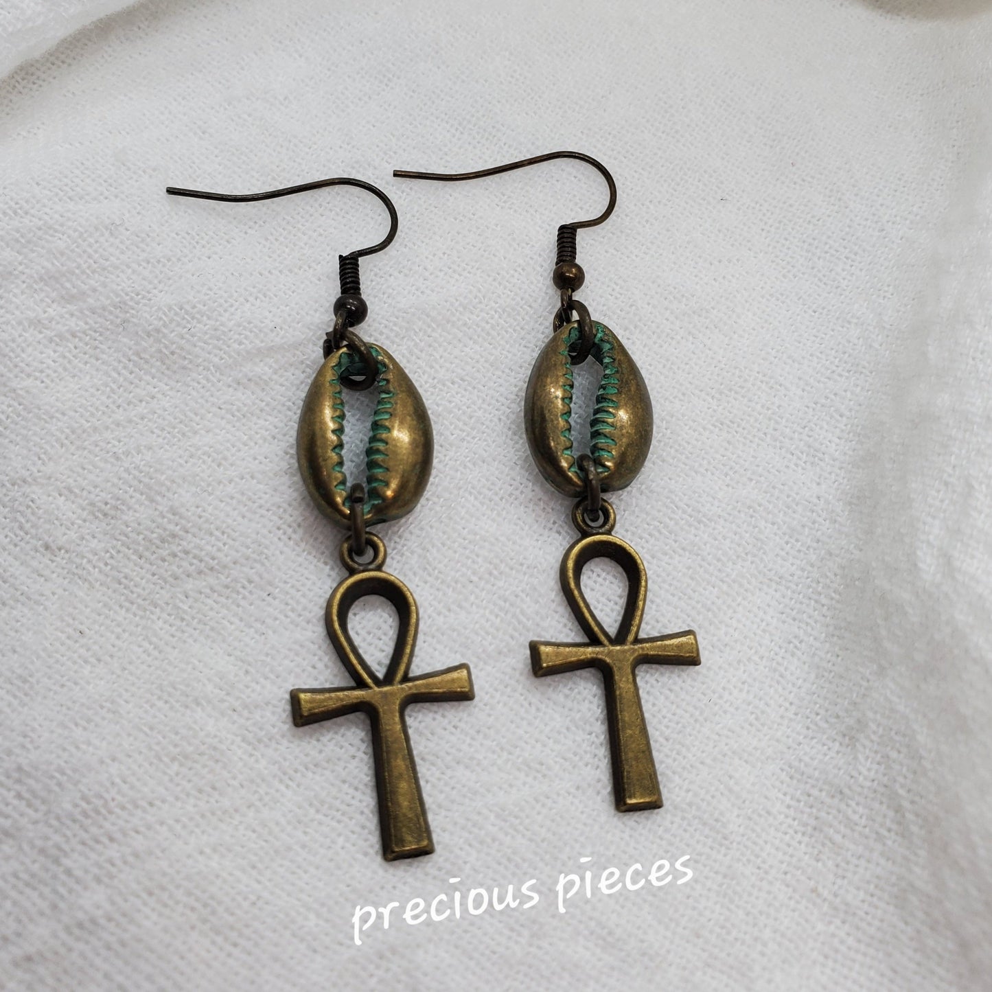 Bronze Cowrie Shell and Ankh Earrings