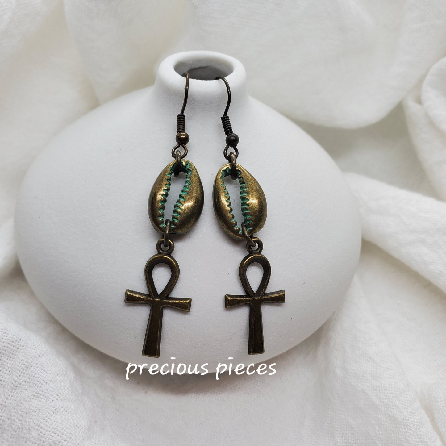 Bronze Cowrie Shell and Ankh Earrings