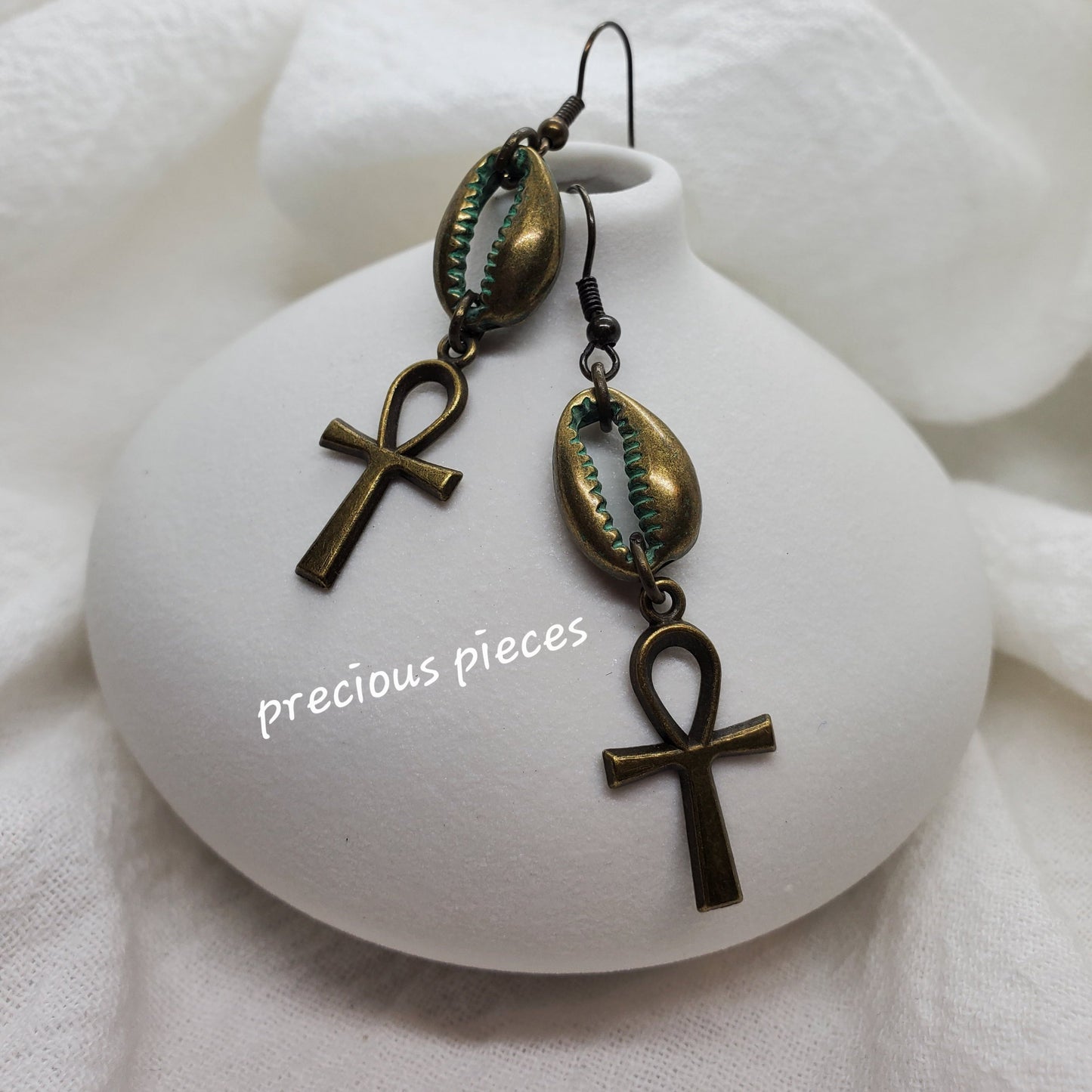 Bronze Cowrie Shell and Ankh Earrings