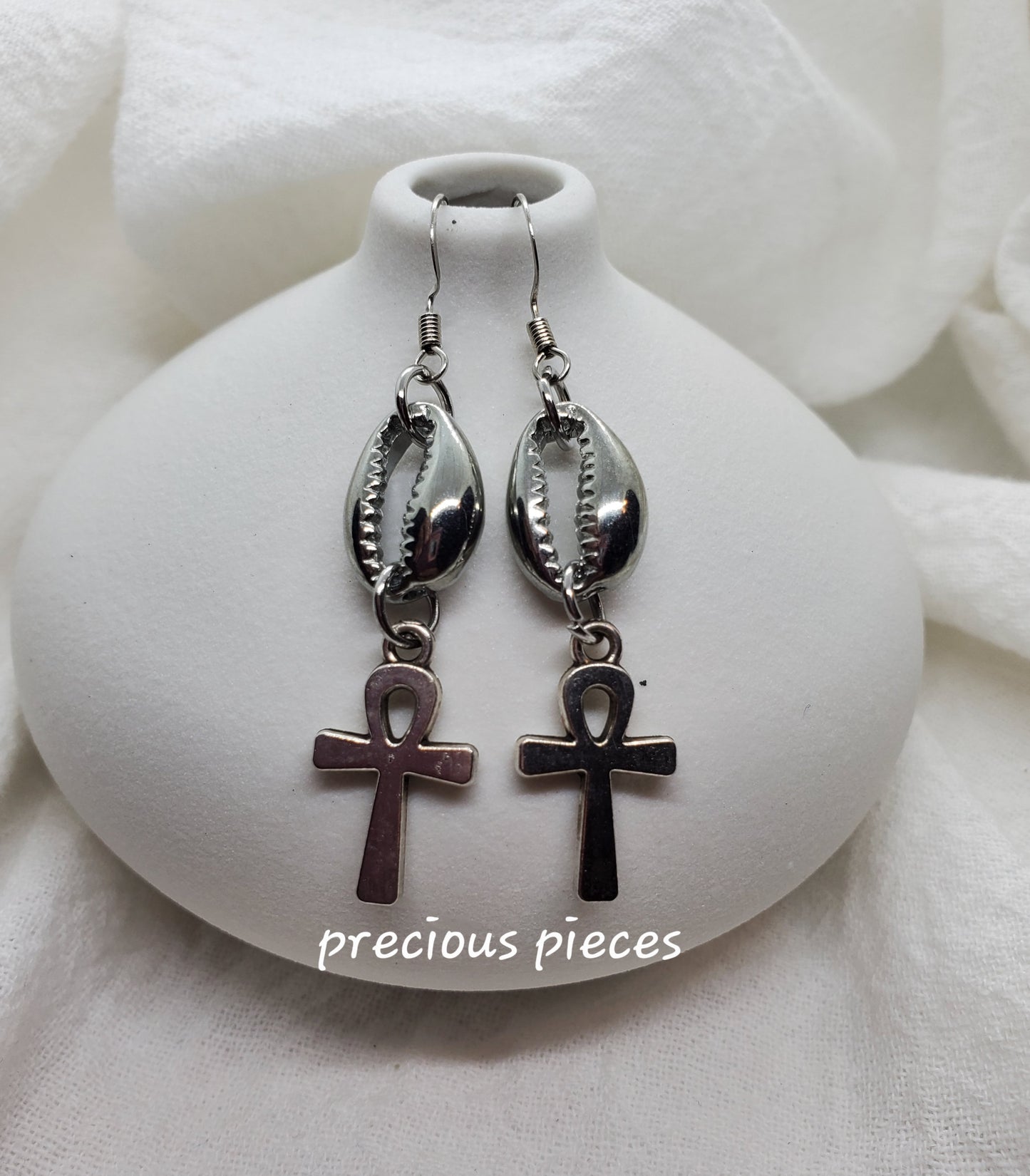 Silver Cowrie Shell and Ankh Earrings