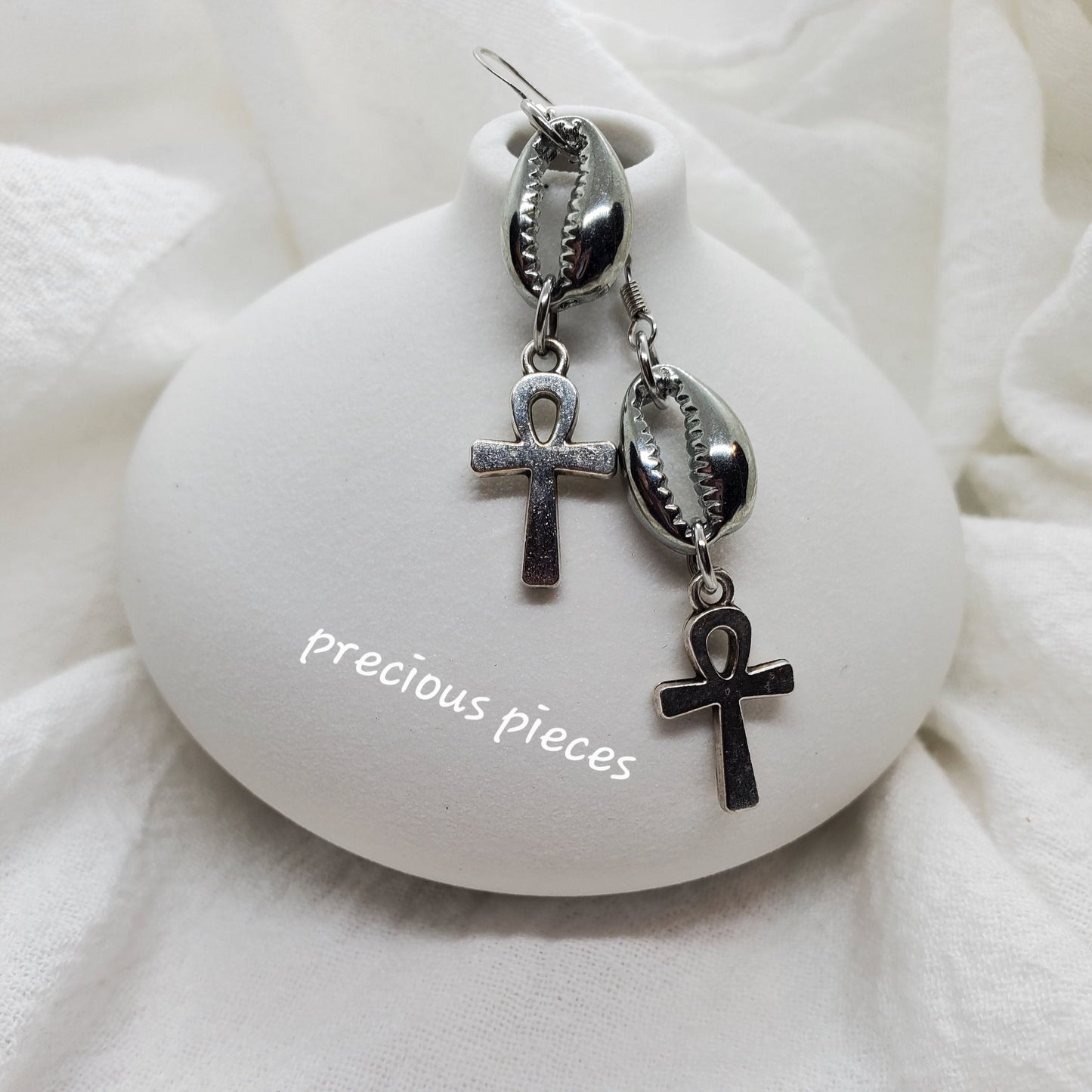 Silver Cowrie Shell and Ankh Earrings