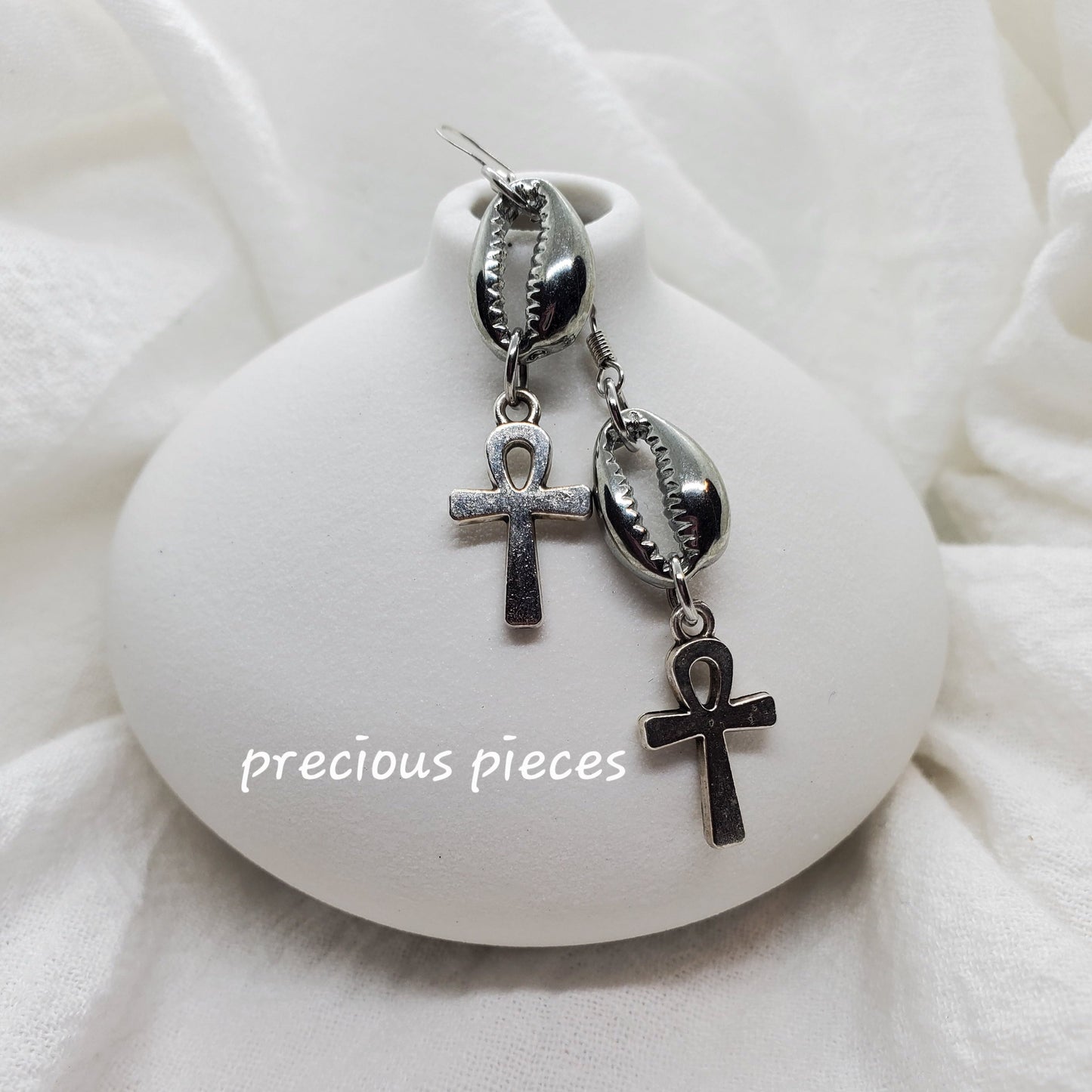 Silver Cowrie Shell and Ankh Earrings