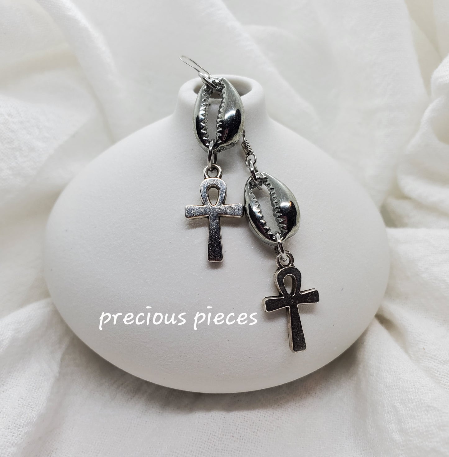 Silver Cowrie Shell and Ankh Earrings