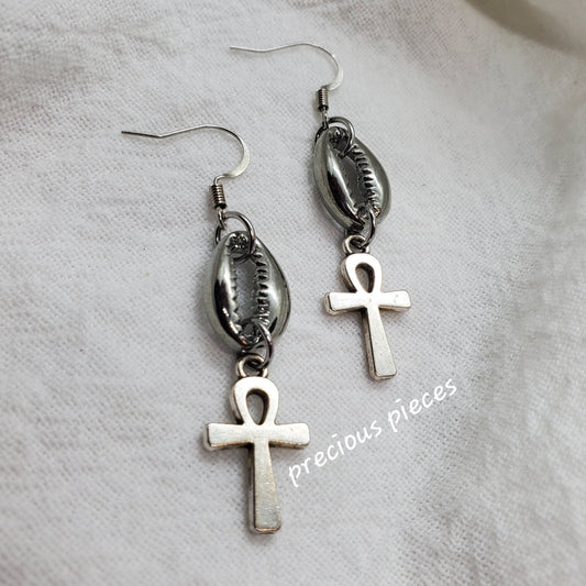 Silver Cowrie Shell and Ankh Earrings