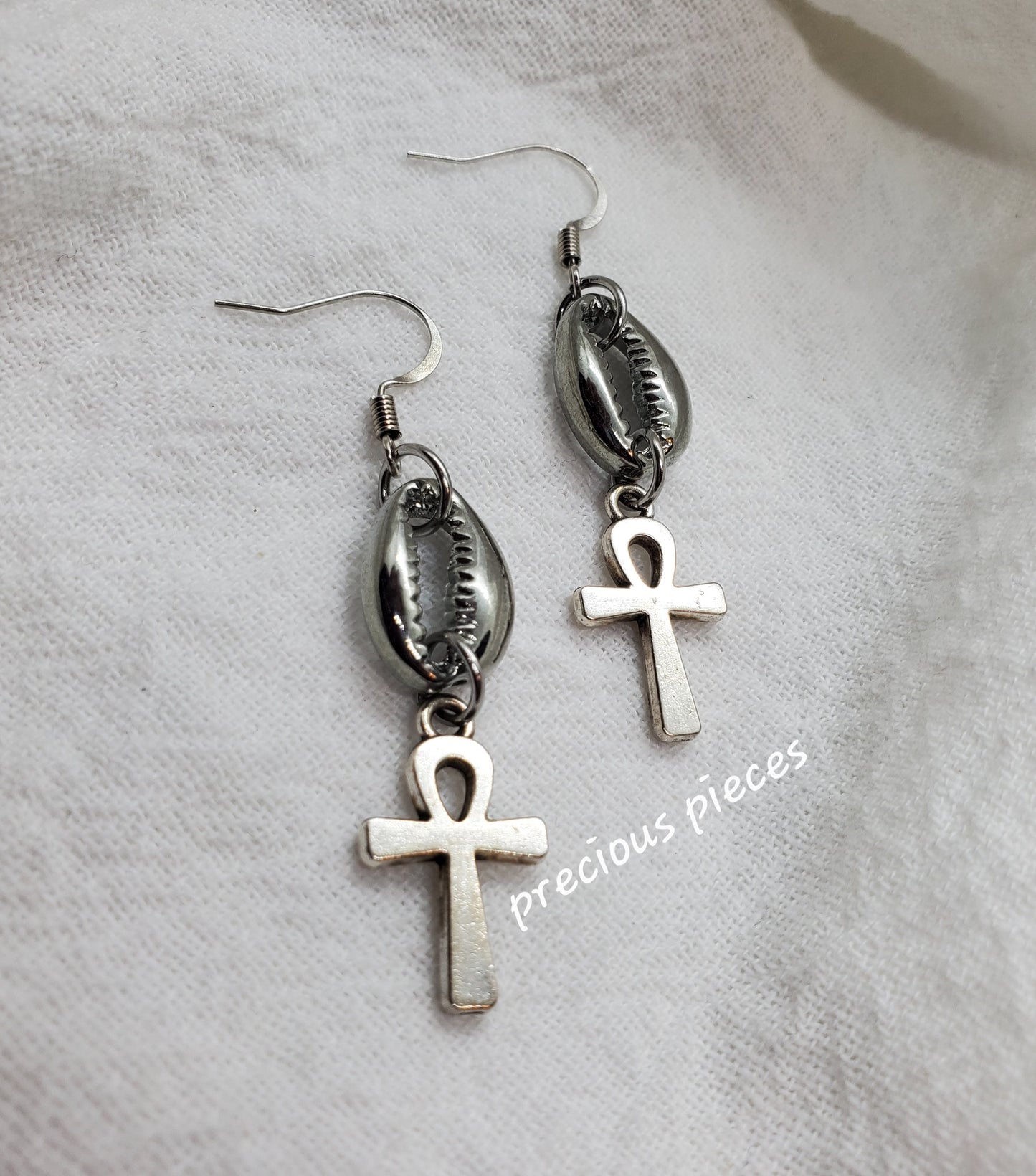 Silver Cowrie Shell and Ankh Earrings