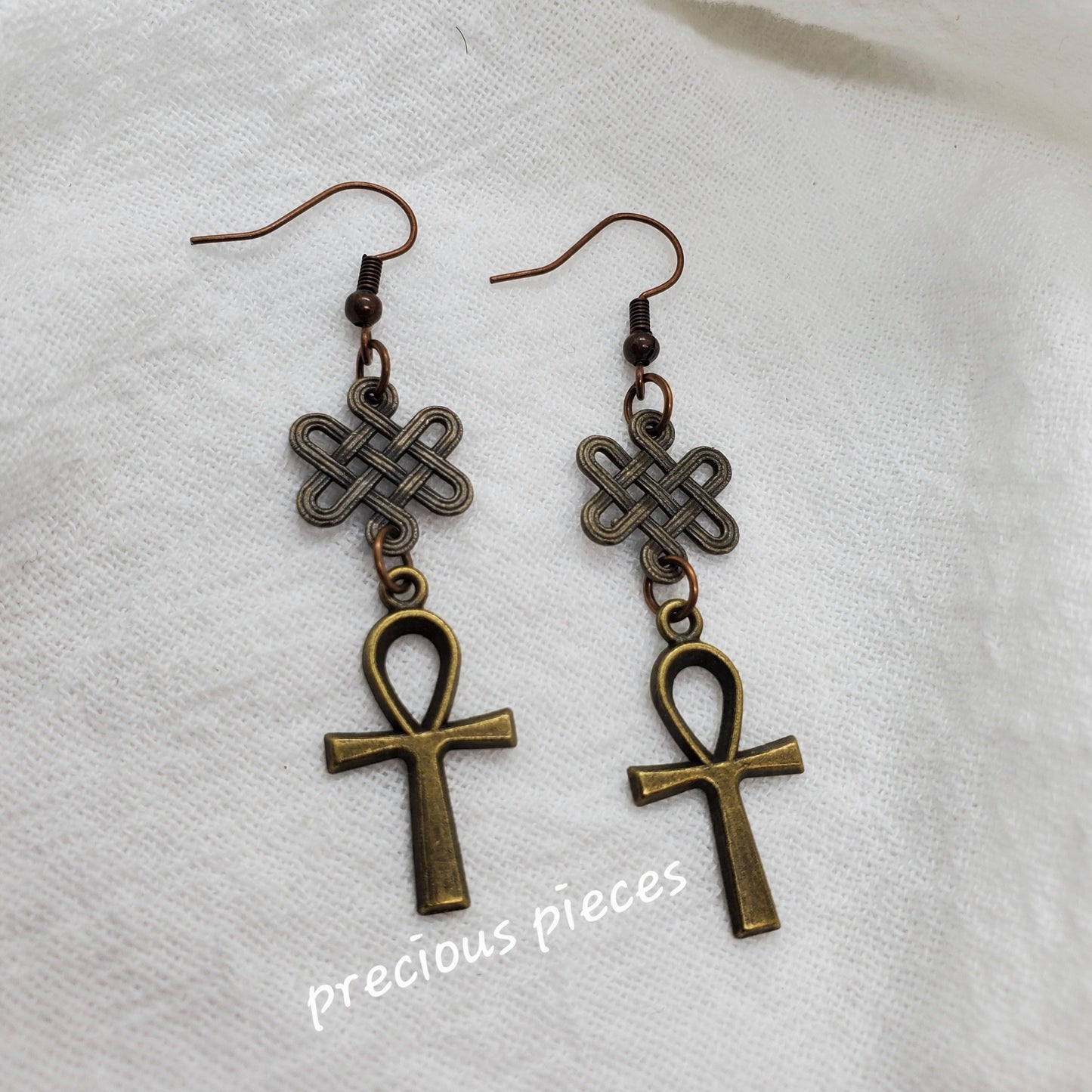 Antique Bronze Ankh Earrings with Decorative Connectors