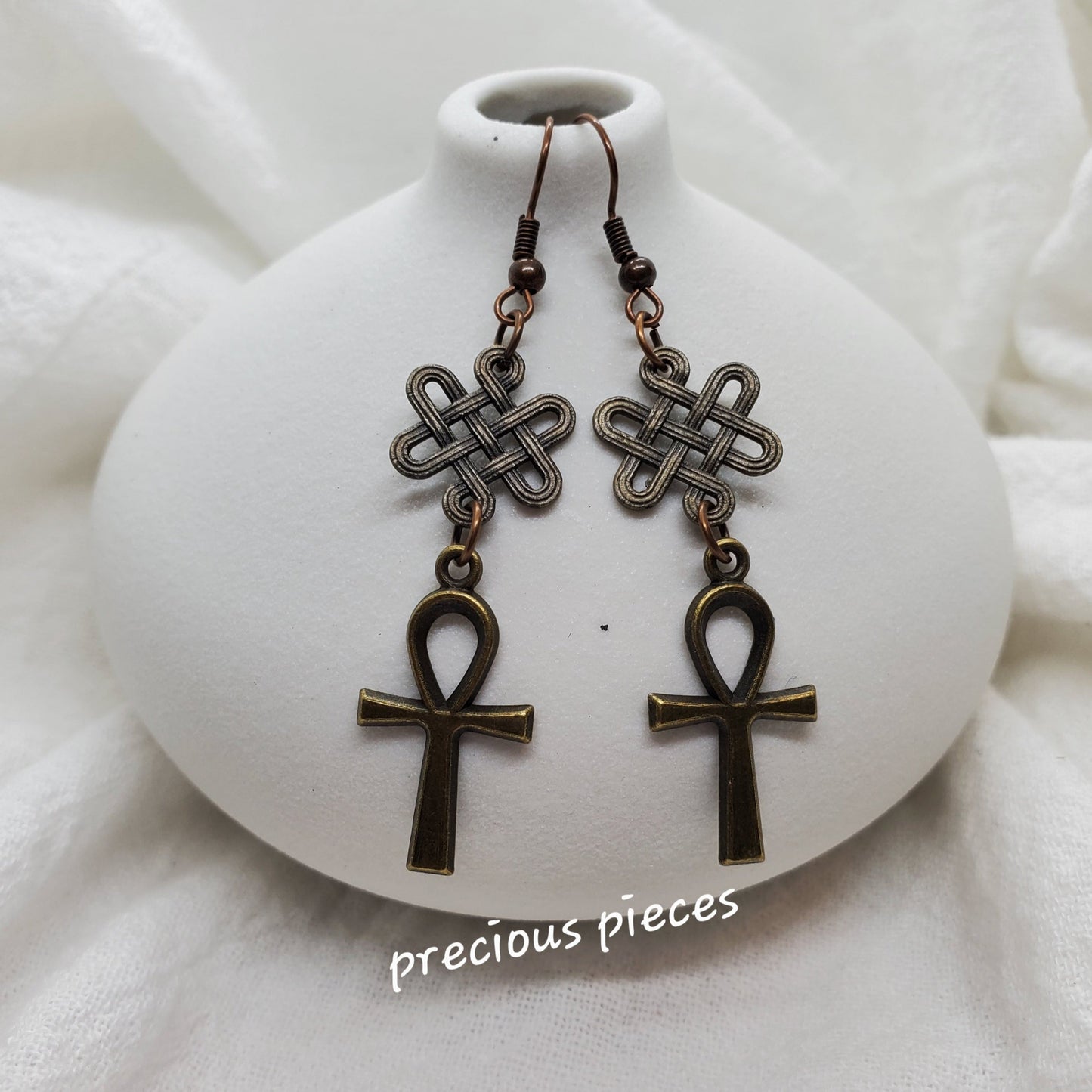 Antique Bronze Ankh Earrings with Decorative Connectors