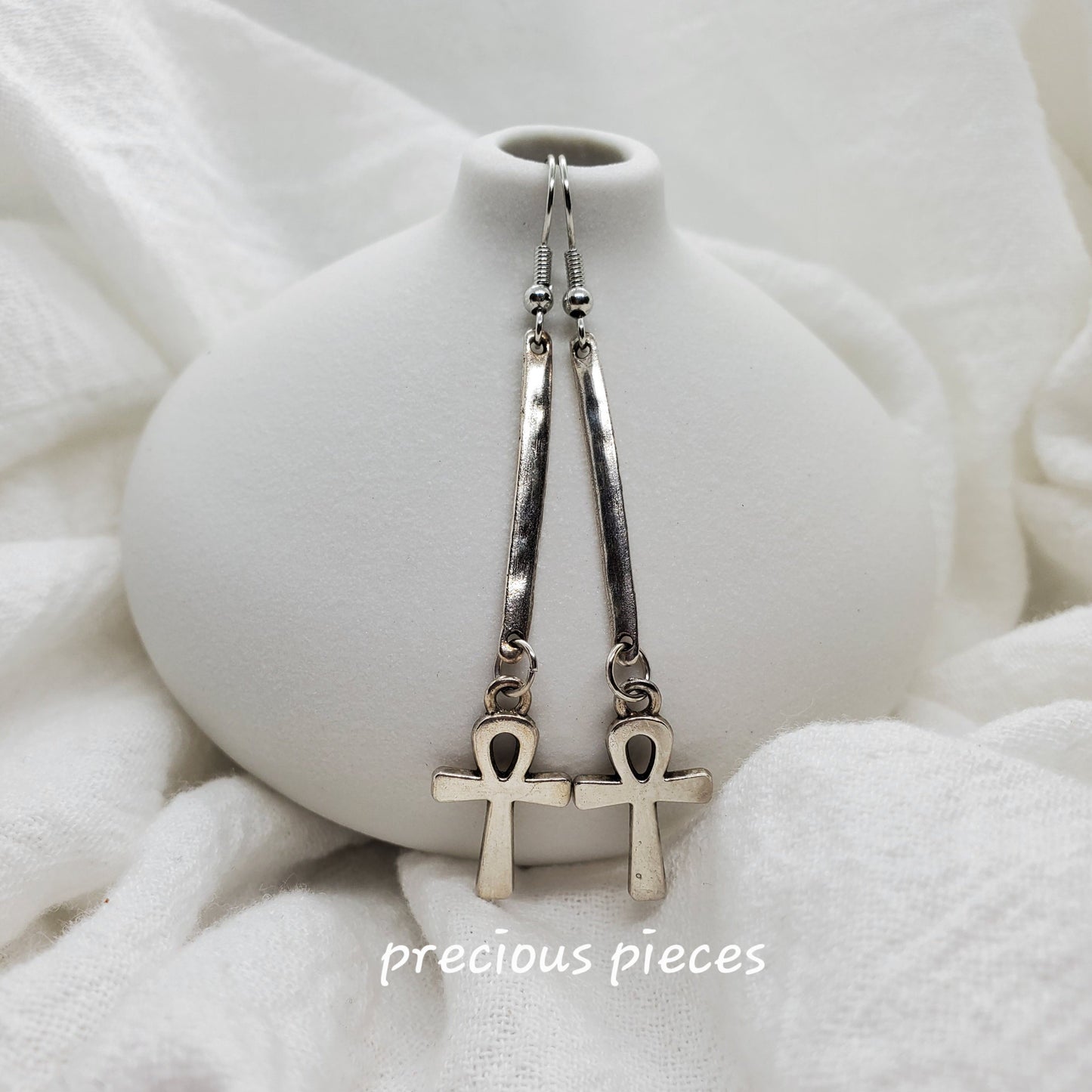 Antique Silver Dangle Ankh Earrings