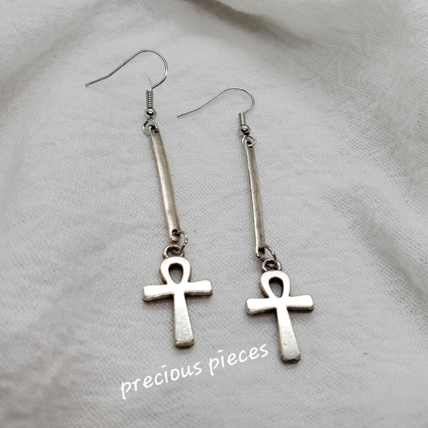 Antique Silver Dangle Ankh Earrings