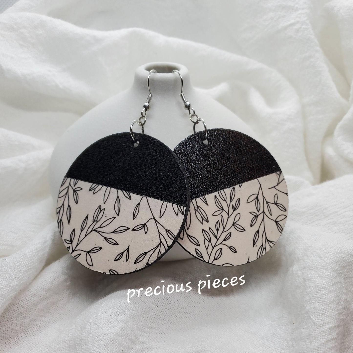 Black and White Wood Floral Earrings