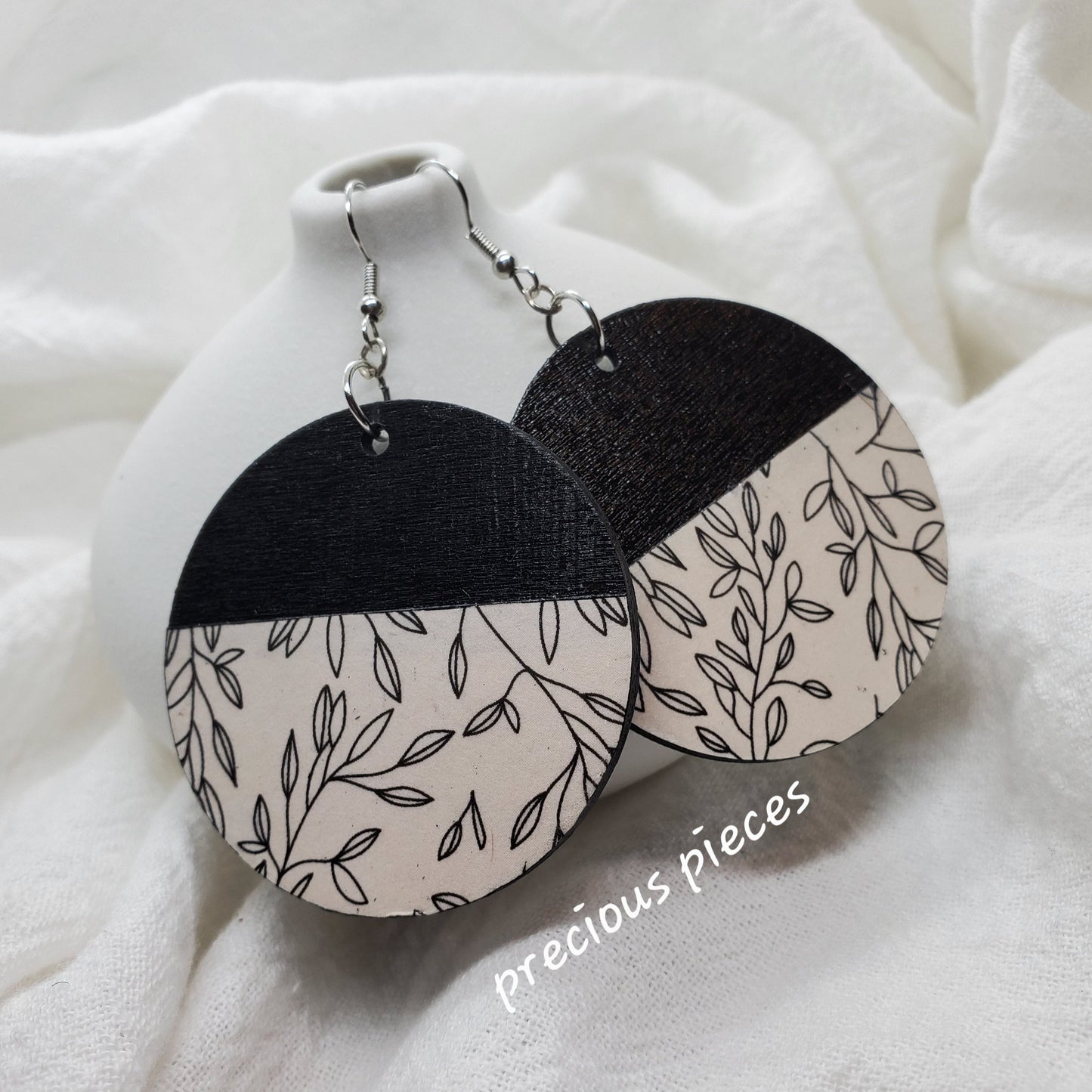 Black and White Wood Floral Earrings