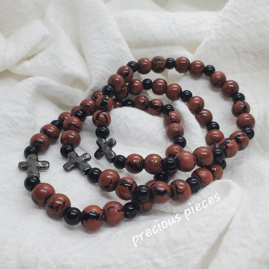 Men's Black and Brown Glitter Glass Beaded Bracelets with Metal Cross