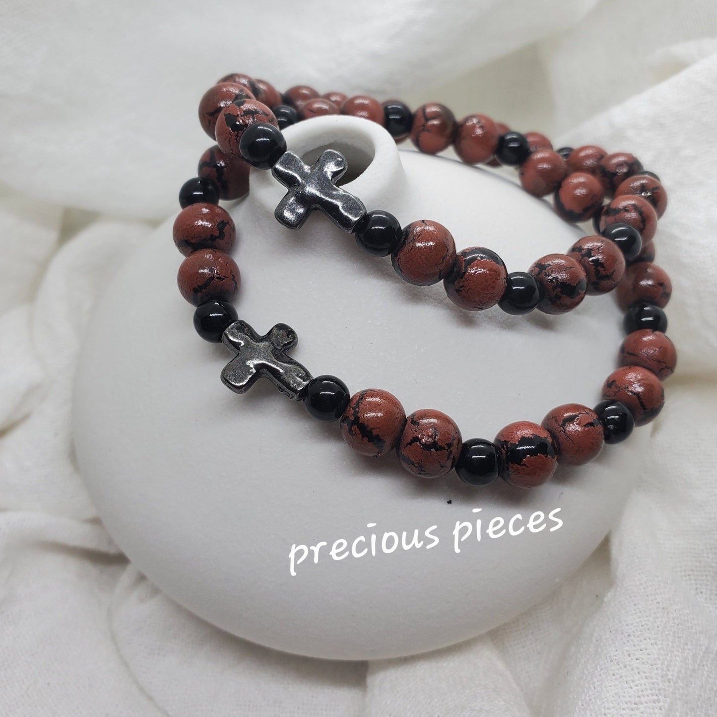 Men's Black and Brown Glitter Glass Beaded Bracelets with Metal Cross