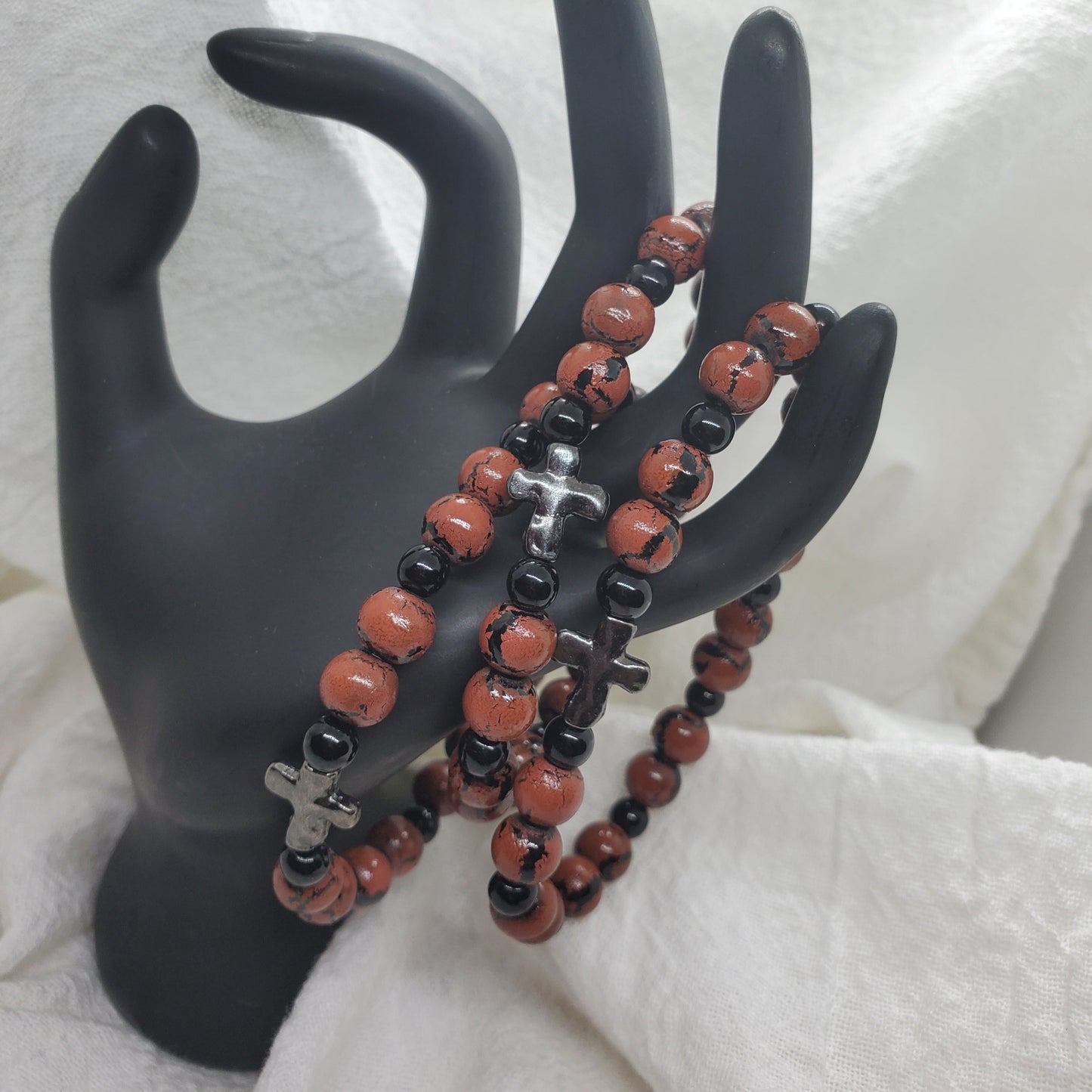 Men's Black and Brown Glitter Glass Beaded Bracelets with Metal Cross