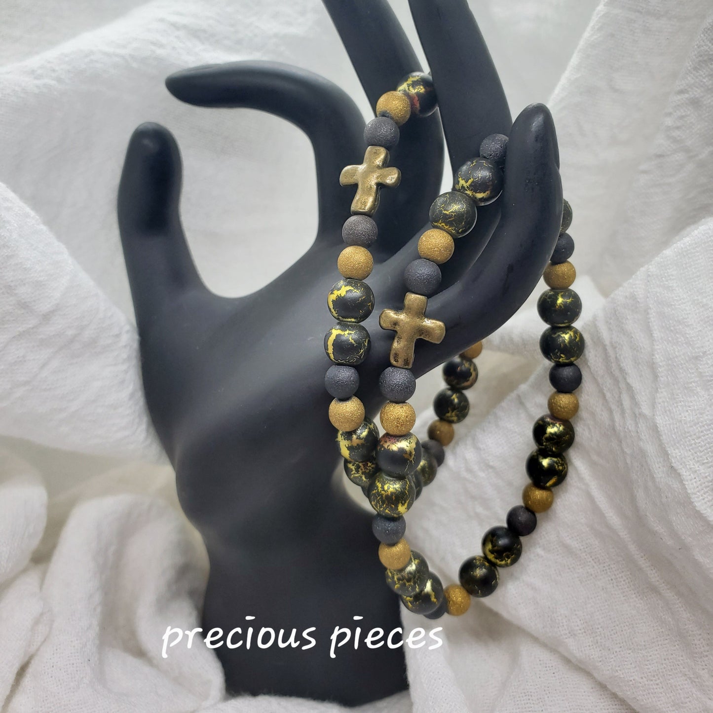 Men's Black and Gold Beaded Bracelet with Bronze Cross