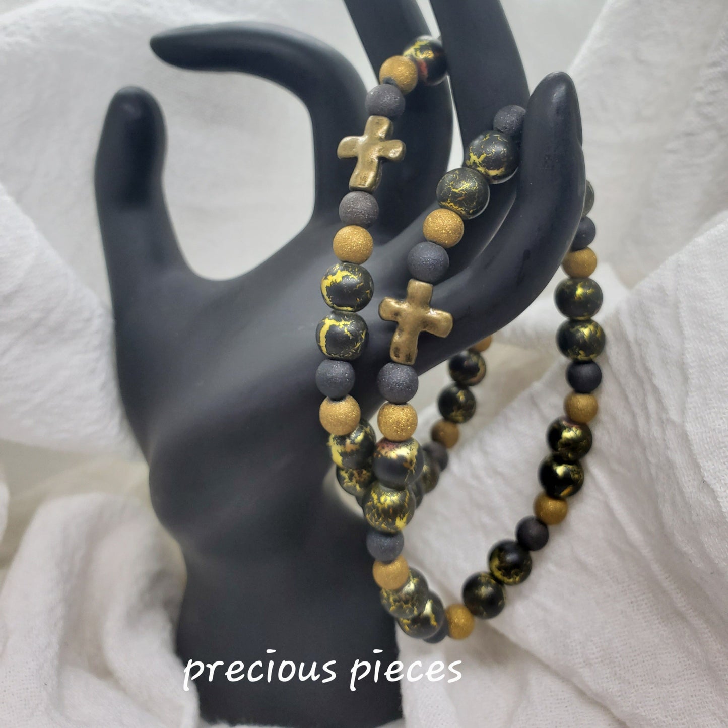 Men's Black and Gold Beaded Bracelet with Bronze Cross