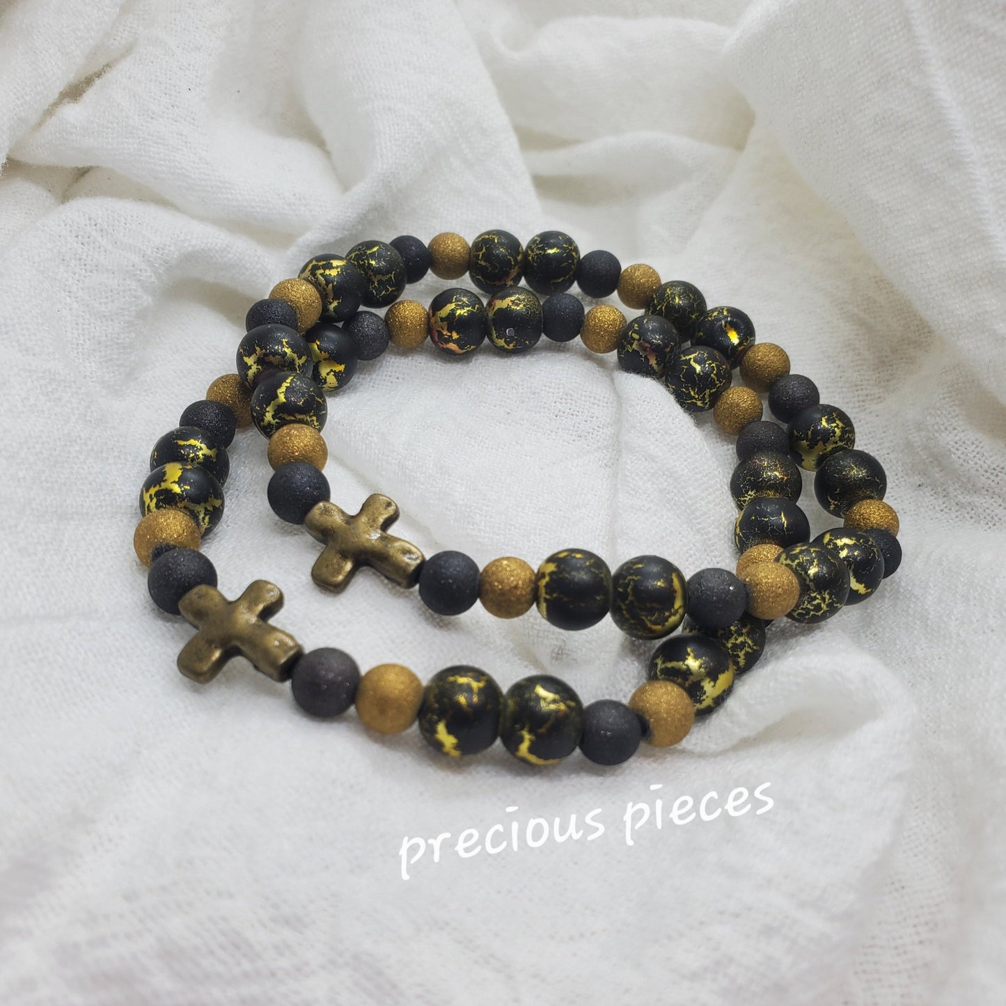 Men's Black and Gold Beaded Bracelet with Bronze Cross