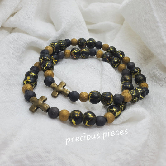 Men's Black and Gold Beaded Bracelet with Bronze Cross