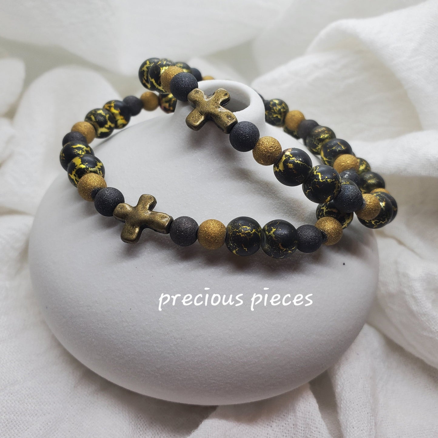 Men's Black and Gold Beaded Bracelet with Bronze Cross