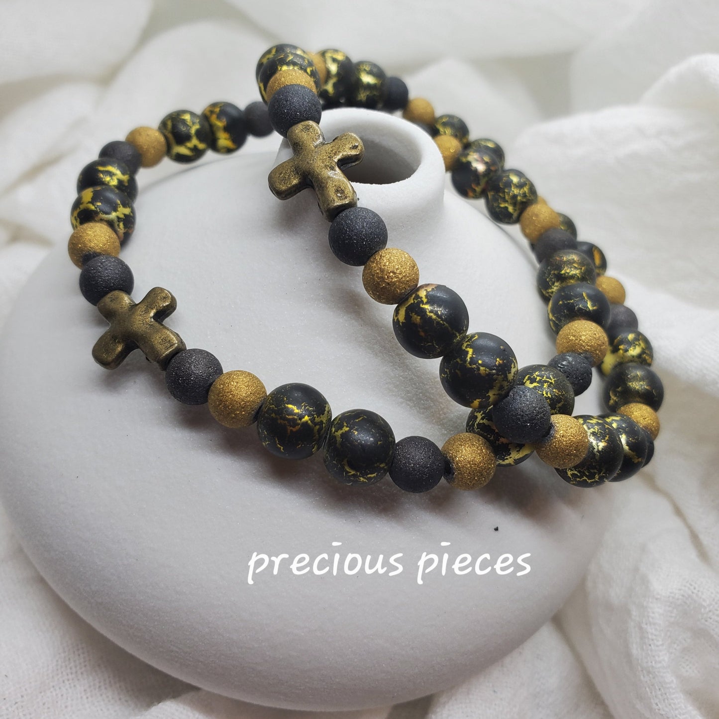 Men's Black and Gold Beaded Bracelet with Bronze Cross