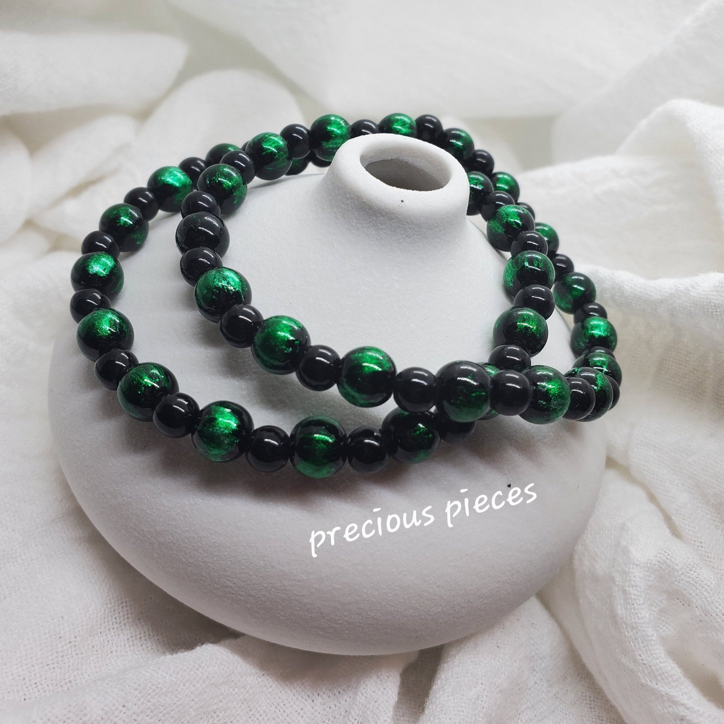 Men's Black and Green Beaded Bracelets