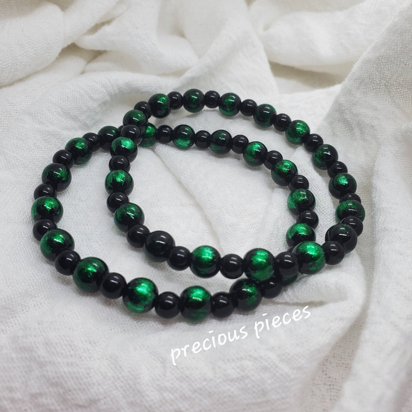 Men's Black and Green Beaded Bracelets