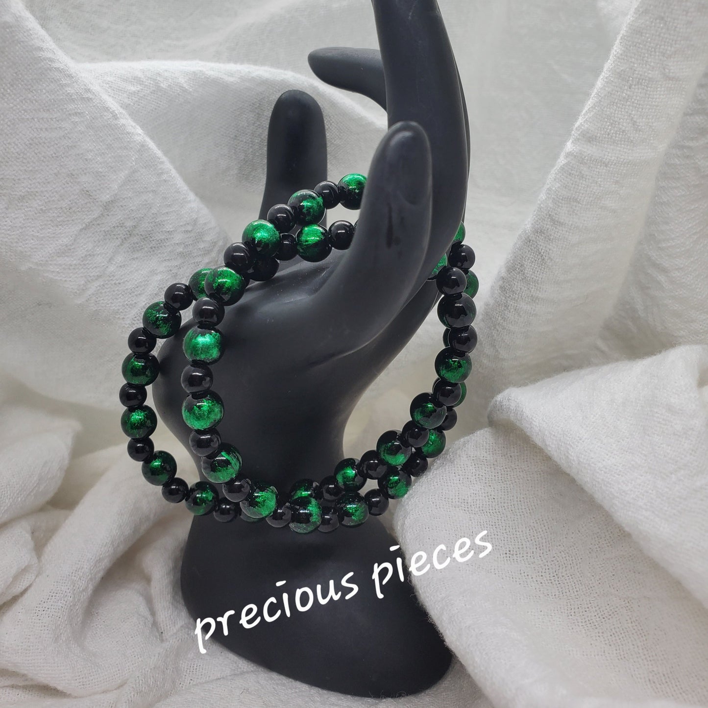 Men's Black and Green Beaded Bracelets