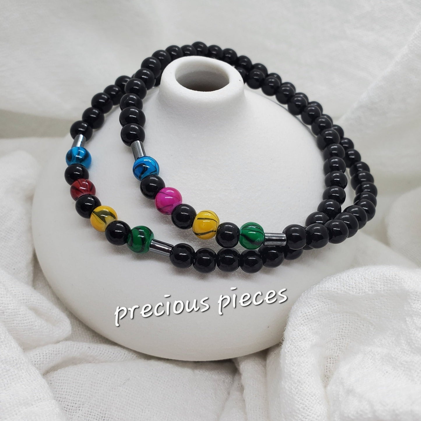 Men's Black and Multicolored Glass Beaded Bracelets