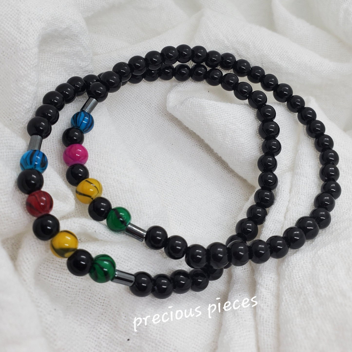 Men's Black and Multicolored Glass Beaded Bracelets