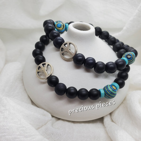 Men's Black and Turquoise Peace Beaded Bracelet