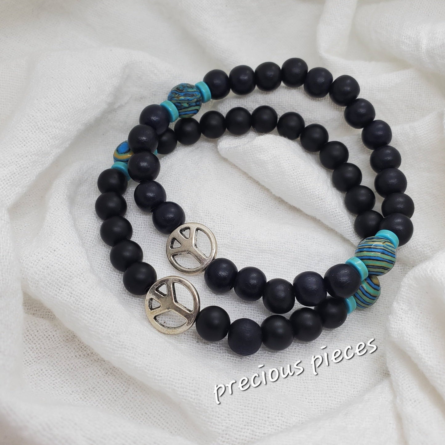 Men's Black and Turquoise Peace Beaded Bracelet